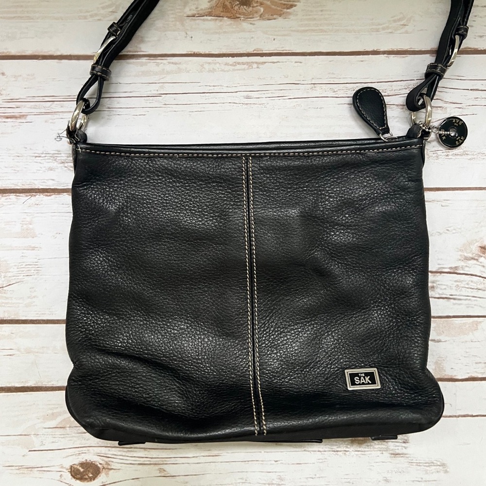 The Sak Crossbody Bag Black Pebbled Leather Contrast Stitch Large OS
